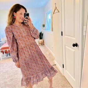 Matta NY Purple Orange Hand Dyed Batik Floral Printed MIDI Dress Large